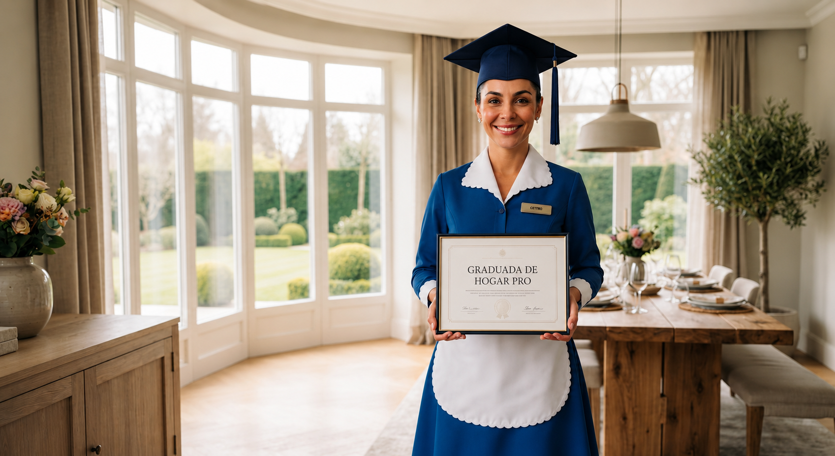 Colaboradora doméstica uniformada sosteniendo su certificado de graduación de Hogar Pro en un comedor elegante